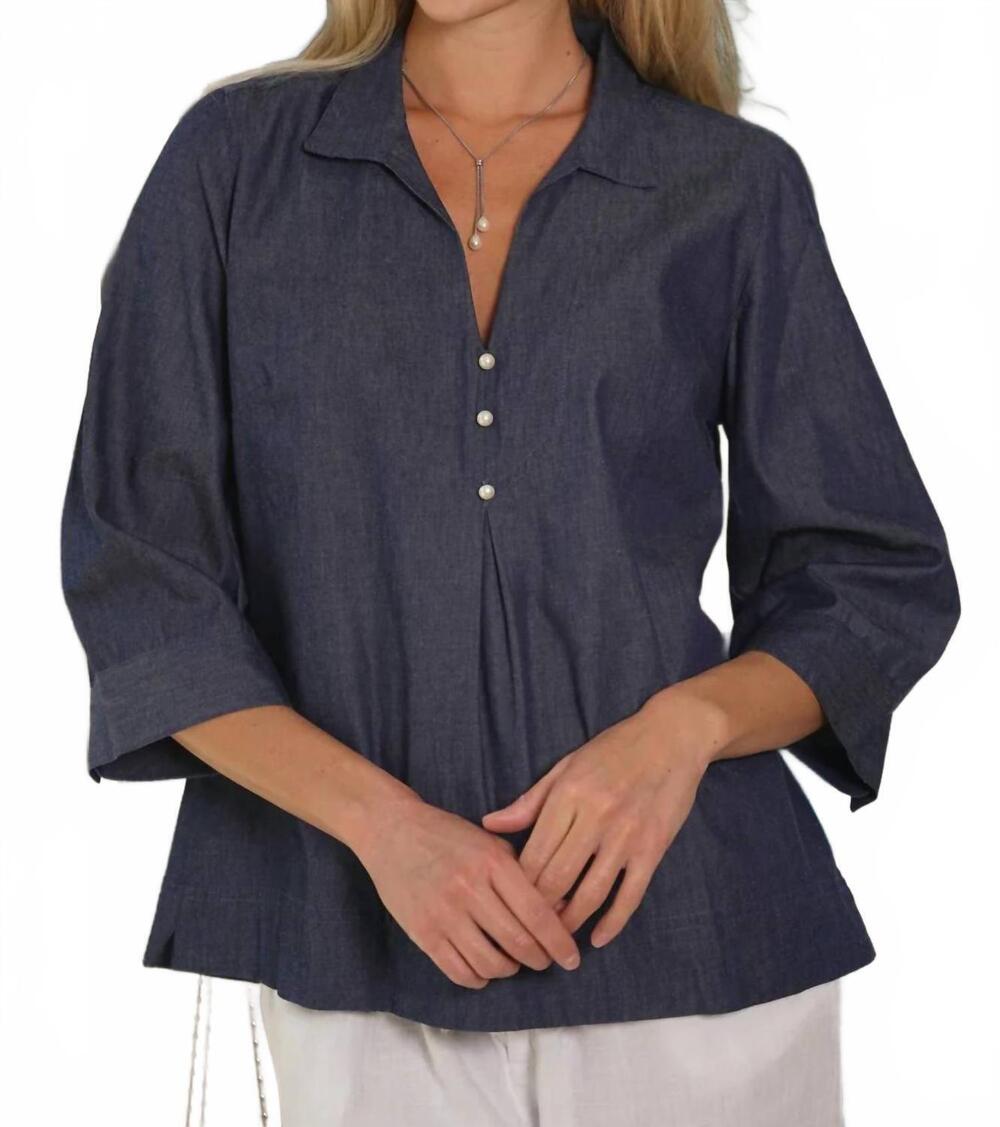 NEW JUST DARVINY margaux 3/4 sleeve top in denim